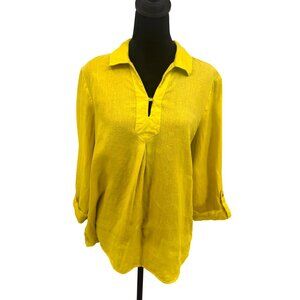 Ellen Tracy Womens Linen Blouse Womens M Yellow 3/4 Sleeve Button Detail Collar